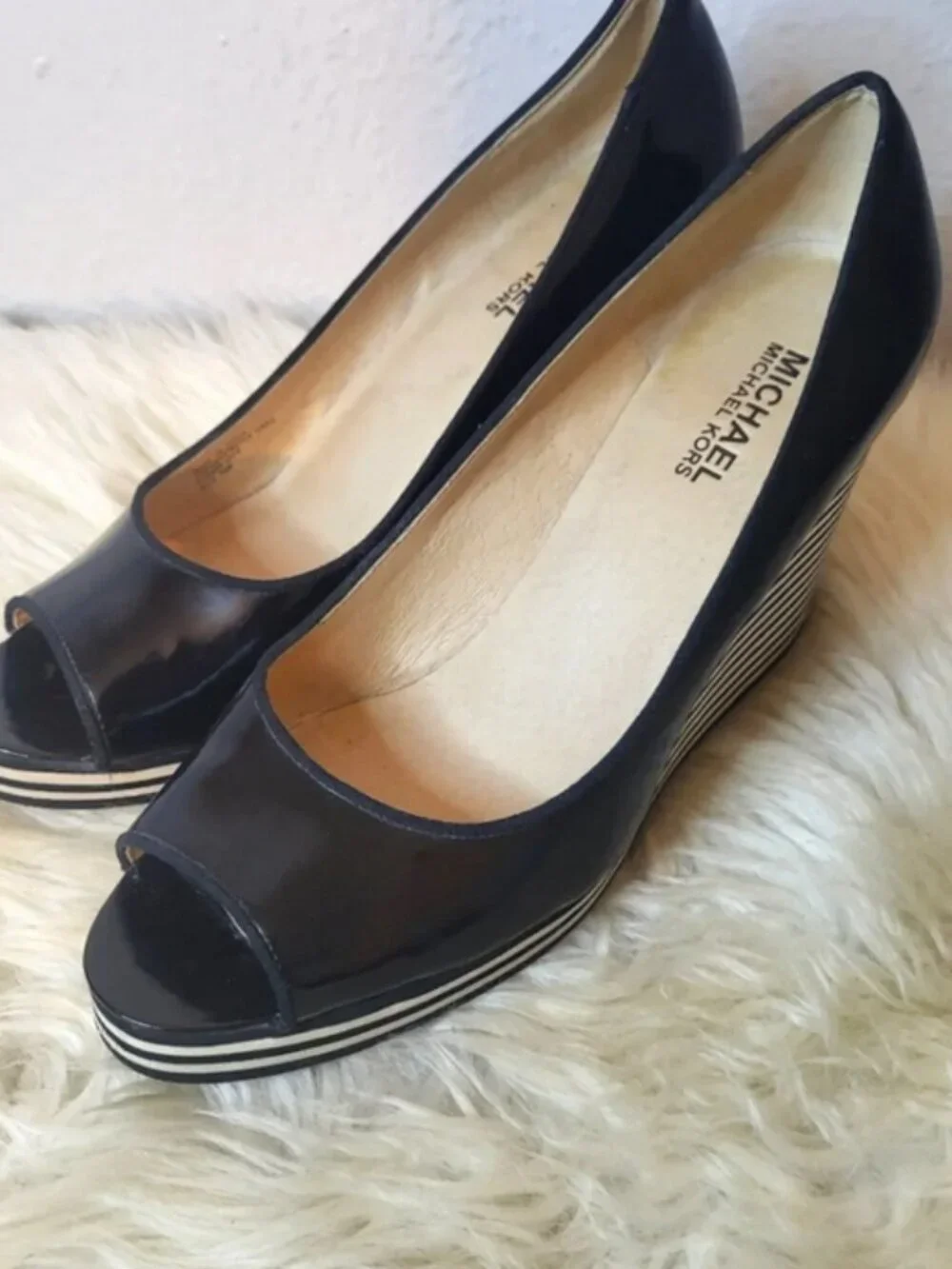 Michael Michael Kors Adalia Peep Toe Patent Wedge Heels Black Stripe 7.5M
